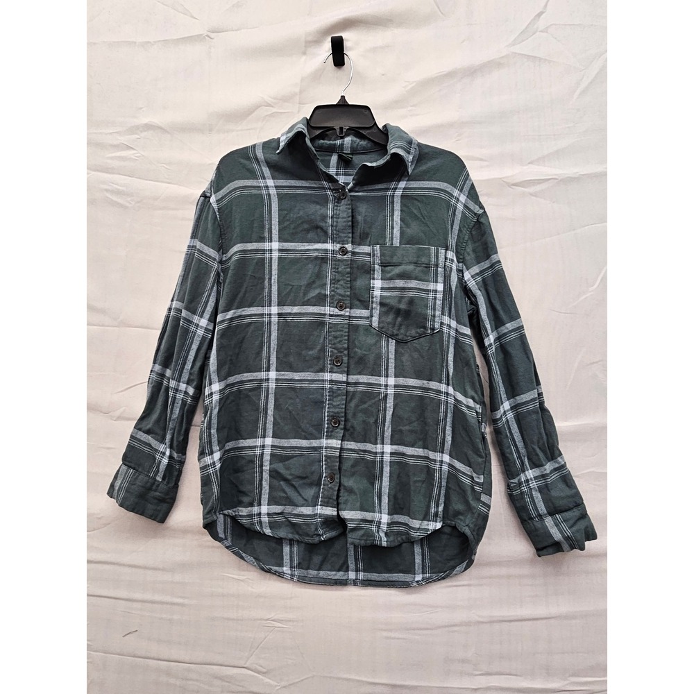 Wild Fable Womens XXS Green Plaid Button Down‎ Shirt High Low Side Pockets